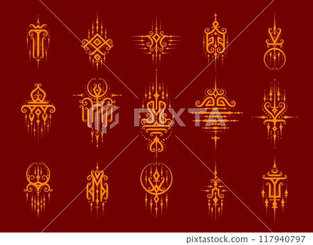 Sacred oriental Thai symbols of Buddhism religion and Yantra tattoo signs, vector golden icons. Thailand religious Buddha symbols of Sak Yant tattoo, Buddhism esoteric ornaments and Thai sacred signs 117940797