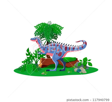 Alectrosaurus prehistoric dinosaur character. Isolated vector colorful dino in vibrant blue with red spots at lush landscape with ferns, rocks and log. Vivid and playful prehistoric jurassic scene Alectrosaurus prehistoric dinosaur character. Isolated vector colorful dino in vibrant blue with red spots at lush landscape with ferns, rocks and log. Vivid and playful prehistoric jurassic scene 117940799