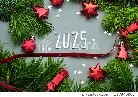New Year 2025 background. Number of the coming year in Christmas decoration. 117940802