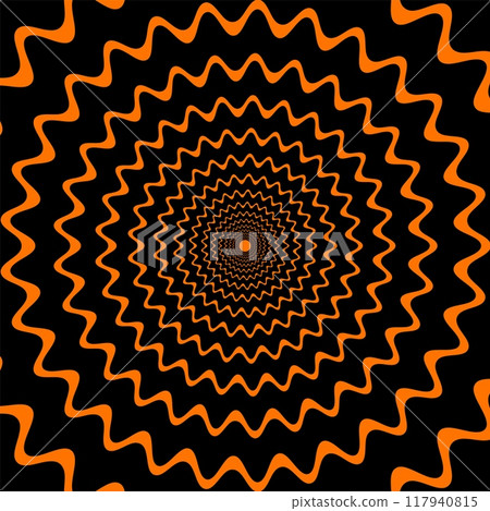 Psychedelic hypnotic Halloween spiral pattern. Mesmerizing vector background with black and orange wavy lines gradually narrow towards the center dot, creating visual illusion and movement effect Psychedelic hypnotic Halloween spiral pattern. Mesmerizing vector background with black and orange wavy lines gradually narrow towards the center dot, creating visual illusion and movement effect 117940815