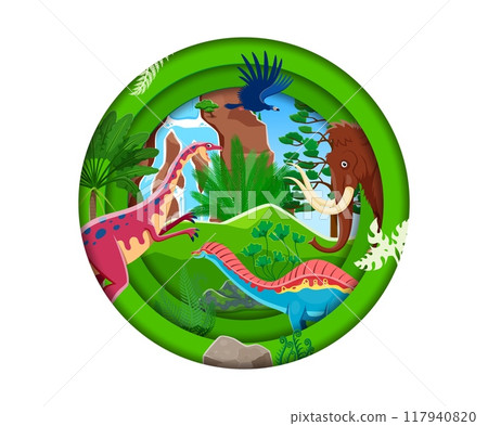 Paper cut prehistoric landscape with dinosaurs. Cartoon 3d vector round papercut frame filled with argentavis, anchisaurus, mammoth and amargasaurus dino species at green jungle nature with waterfall Paper cut prehistoric landscape with dinosaurs. Cartoon 3d vector round papercut frame filled with argentavis, anchisaurus, mammoth and amargasaurus dino species at green jungle nature with waterfall 117940820