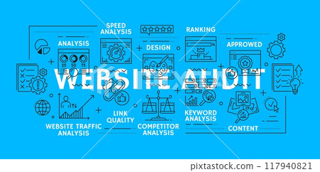 Web audit line icons of website analytics and keywords analysis, vector background. Web audit outline icons of content optimization and web performance analysis for website ranking and traffic Web audit line icons of website analytics and keywords analysis, vector background. Web audit outline icons of content optimization and web performance analysis for website ranking and traffic 117940821