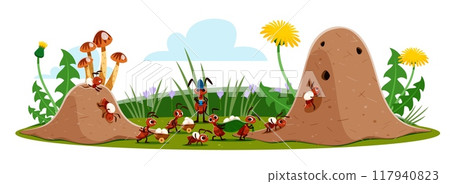 Ant characters carry eggs to anthill. Cartoon ant pest insects working together to carry eggs to an anthill. Vector scene in a natural environment with flowers, mushrooms and grass at summer field 117940823