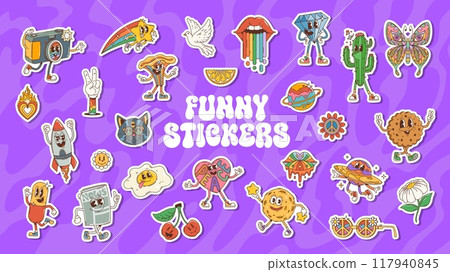 Retro funny groovy stickers. Vector set of cartoon quirky characters and psychedelic objects. Camera, pizza, peace sign, and rocket, cactus, butterfly, rainbow and star. Dove flaming heart and cat Retro funny groovy stickers. Vector set of cartoon quirky characters and psychedelic objects. Camera, pizza, peace sign, and rocket, cactus, butterfly, rainbow and star. Dove flaming heart and cat 117940845