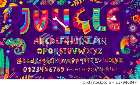 Mexican cartoon font with colorful Hispanic typeface of flowers and tropical animals, vector English letters. Day of Dead or Dia De Los Muertos Mexican font with calavera skulls and bones for ABC type Mexican cartoon font with colorful Hispanic typeface of flowers and tropical animals, vector English letters. Day of Dead or Dia De Los Muertos Mexican font with calavera skulls and bones for ABC type 117940847