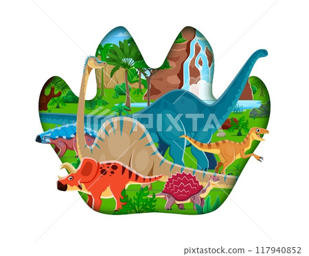Prehistoric dinosaurs in paper cut dino footprint with Jurassic era lizards and reptiles, cartoon vector. Funny dinosaurs and giant lizards in Jurassic jungle forest for kids prehistoric dino book Prehistoric dinosaurs in paper cut dino footprint with Jurassic era lizards and reptiles, cartoon vector. Funny dinosaurs and giant lizards in Jurassic jungle forest for kids prehistoric dino book 117940852
