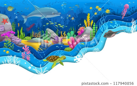 Funny cartoon dolphin and turtle at paper cut sea underwater landscape. 3d vector wavy papercut frame with jellyfish, fish shoal, whimsical seaweeds and coral reef in ocean water depth 117940856
