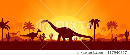 Dinosaurs silhouettes, Jurassic era sunset landscape with prehistoric giant lizards, vector background. Cartoon prehistoric dinosaur lizards silhouettes in jungle forest trees with sun or moon in sky Dinosaurs silhouettes, Jurassic era sunset landscape with prehistoric giant lizards, vector background. Cartoon prehistoric dinosaur lizards silhouettes in jungle forest trees with sun or moon in sky 117940857