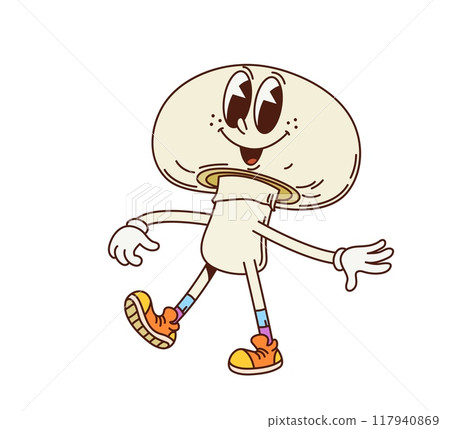 Groovy mushroom vegetable retro character. Isolated cartoon vector vintage cheerful champignon fungus personage with expressive eyes, wearing orange sneakers, walking with a happy and relaxed demeanor Groovy mushroom vegetable retro character. Isolated cartoon vector vintage cheerful champignon fungus personage with expressive eyes, wearing orange sneakers, walking with a happy and relaxed demeanor 117940869