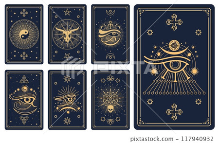 Magic tarot cards vector collection features mystical symbolic elements like the all-seeing eye, moon phases, skulls and esoteric symbols. Witchcraft, enigmatic tool for divination and introspection Magic tarot cards vector collection features mystical symbolic elements like the all-seeing eye, moon phases, skulls and esoteric symbols. Witchcraft, enigmatic tool for divination and introspection 117940932