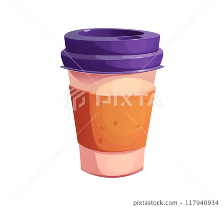 Cartoon coffee cup, fast food beverage in a takeaway mug with purple lid and brown sleeve. Isolated vector delightful hot coffee drink treat for drinking on the go, exudes warmth, energy and comfort 117940934