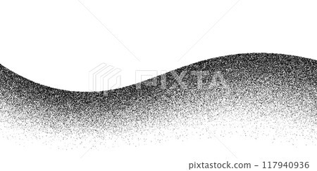Noise dot grain wave background. Vector abstract dotted grainy wave pattern, dynamic and flowing texture, created by a gradient of black noise dots on white backdrop. Wavy spray flow Noise dot grain wave background. Vector abstract dotted grainy wave pattern, dynamic and flowing texture, created by a gradient of black noise dots on white backdrop. Wavy spray flow 117940936
