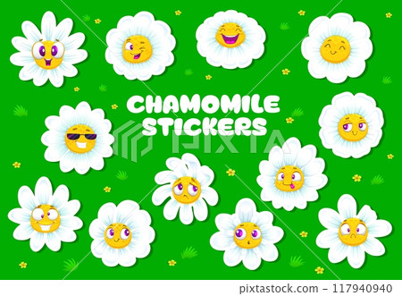 Chamomile face, daisy flowers stickers. Cartoon camomile bloom characters with funny face emotions. Vector set of patches with cute summer blossoms smile, laugh, crazy or wink, surprised and sad emoji 117940940