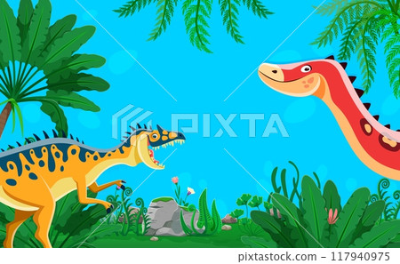 Cartoon prehistoric dinosaurs. Vibrant vector background with neovenator and ouranosaurus dino in a lush jungle backdrop with dense tropical foliage, ferns, and palm trees against a clear blue sky 117940975