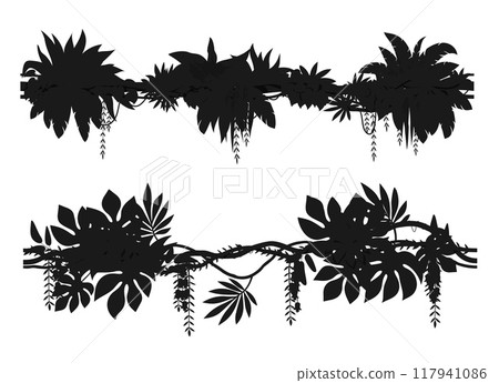 Tropical jungle forest liana branch silhouettes of ivy vine plants, vector icons. Tropical rainforest liana and Amazon jungle creeper tree silhouettes with climbing and hanging leaves for ornate frame 117941086
