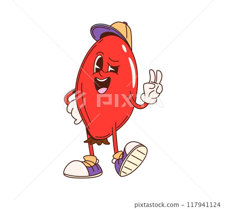 Retro groovy rosehip berry character. Isolated cartoon vector cool red rose hip berry personage wearing cap and sneakers, giving a peace sign with a mischievous smile, exuding laid-back funky vibes 117941124