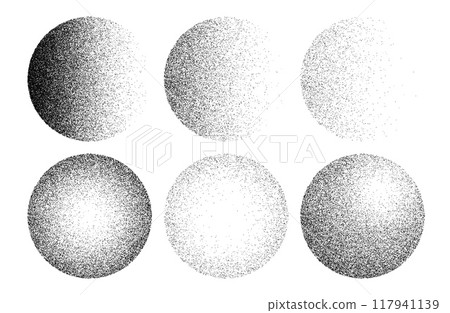 Stipple noise dot grain sphere shape, halftone gradient brush. 3d vector abstract dotwork balls featuring different degree of grainy texture, from complete round circles to halved with sand effect Stipple noise dot grain sphere shape, halftone gradient brush. 3d vector abstract dotwork balls featuring different degree of grainy texture, from complete round circles to halved with sand effect 117941139