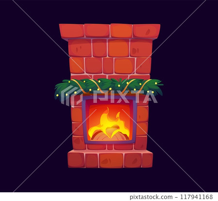 Cartoon Christmas holiday fireplace with festive pine tree branch garland and glowing fire. Isolated vector cozy and warm fireplace made of red bricks, exudes Xmas holiday eve and celebration spirit Cartoon Christmas holiday fireplace with festive pine tree branch garland and glowing fire. Isolated vector cozy and warm fireplace made of red bricks, exudes Xmas holiday eve and celebration spirit 117941168