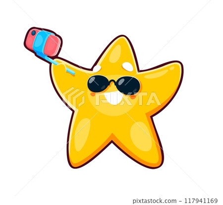 Cute kawaii star character takes a selfie. Isolated cartoon vector cool twinkle personage wearing sunglasses, with happy smile, rosy cheeks and cheerful face, snaps a mobile shots, radiating pure joy Cute kawaii star character takes a selfie. Isolated cartoon vector cool twinkle personage wearing sunglasses, with happy smile, rosy cheeks and cheerful face, snaps a mobile shots, radiating pure joy 117941169