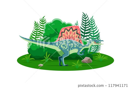 Spinosaurus prehistoric dinosaur cartoon character. Vector theropod dino with sail-like structure along its back and semi-aquatic adaptations. piscivorous reptile animal at mid-Cretaceous period scene Spinosaurus prehistoric dinosaur cartoon character. Vector theropod dino with sail-like structure along its back and semi-aquatic adaptations. piscivorous reptile animal at mid-Cretaceous period scene 117941171