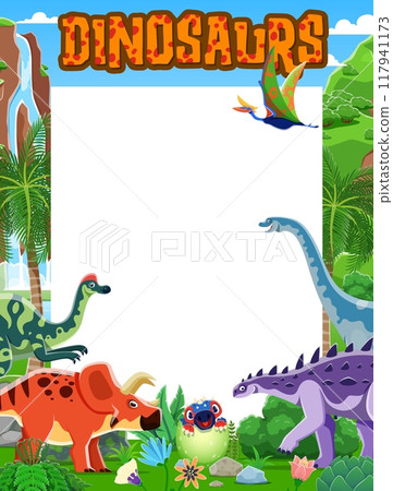 Note pad worksheet with prehistoric dinosaurs and Jurassic dino lizards, vector background. Memo note pad with blank sheet page and frame of funny cartoon prehistoric dinosaurs and dino baby in egg 117941173