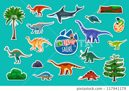 Prehistoric dinosaur stickers vector set. Adorable cartoon dino creatures, carnivore, omnivore and herbivore ancient reptiles, aquatic and terrestrial species and plants like palm trees or fallen logs Prehistoric dinosaur stickers vector set. Adorable cartoon dino creatures, carnivore, omnivore and herbivore ancient reptiles, aquatic and terrestrial species and plants like palm trees or fallen logs 117941179