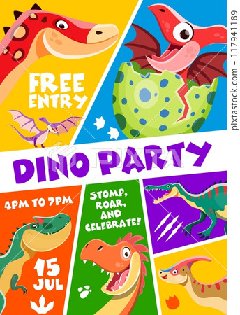 Kids dino party flyer, vibrant invitation with colorful dinosaurs, event details and playful text. Vector engaging poster inviting kids to fun-filled celebration with dinosaurs as the main attraction 117941189