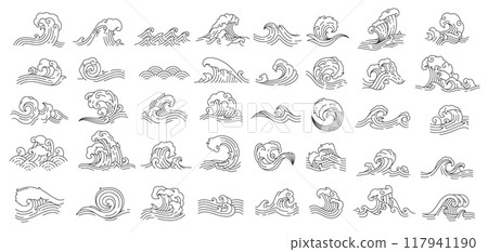 Asian Japanese or Chinese sea and ocean wave icons, vector thin line art decoration. Wave icon of sea water ripples and ocean tide surfs with wavy splash for Asian Japanese or Chinese ornament pattern Asian Japanese or Chinese sea and ocean wave icons, vector thin line art decoration. Wave icon of sea water ripples and ocean tide surfs with wavy splash for Asian Japanese or Chinese ornament pattern 117941190