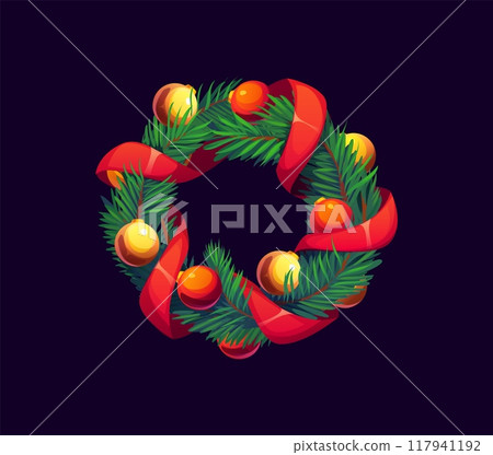 Cartoon Christmas holiday wreath with green pine tree branches, red ribbon and golden ornaments. Vector festive traditional xmas wreath, seasonal holiday decoration for greeting cards and celebrations Cartoon Christmas holiday wreath with green pine tree branches, red ribbon and golden ornaments. Vector festive traditional xmas wreath, seasonal holiday decoration for greeting cards and celebrations 117941192