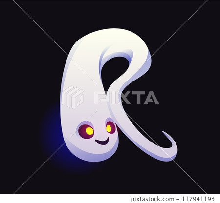 Halloween ghost font, scary boo typeface of letter R for horror evil type, vector alphabet. Halloween font of spooky monster ghost or cartoon funny boo character in letter R for trick or treat holiday Halloween ghost font, scary boo typeface of letter R for horror evil type, vector alphabet. Halloween font of spooky monster ghost or cartoon funny boo character in letter R for trick or treat holiday 117941193