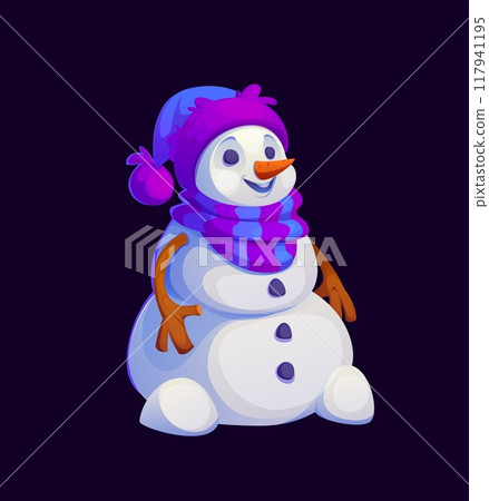 Cartoon Christmas holiday snowman character dressed in vibrant purple hat and scarf with a carrot nose and twig arms. Isolated vector winter holiday personage exudes warmth and seasonal festive spirit 117941195