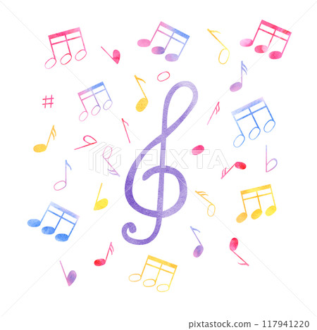 Multicolored cute flying music notes around treble clef watercolor poster. Pink, blue, yellow, purple note symbols illustration for Music day celebration, musical atmosphere design, greeting card. 117941220