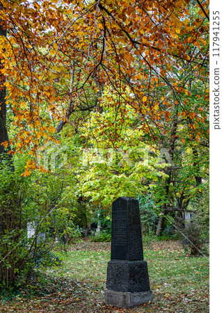 Autumn view of famous Old North Cemetery of Munich, Germany with historic gravestones. 117941255