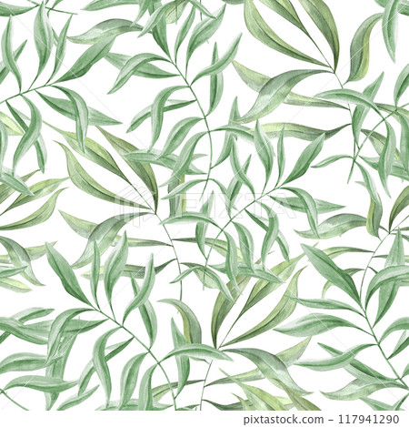 Dense interweaving of young green oleander leaves seamless pattern. Ivy realistic foliage watercolor illustration for floral greenery design, textile, interior decor, celebrate package 117941290