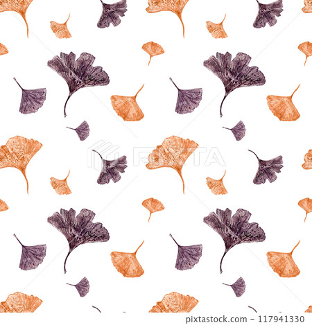 Gold and dark copper flying vintage gingko biloba leaves watercolor illustration. Dried abstract fan leave seamless floral pattern. For various nature themed designs, wall decor, vintage wedding Gold and dark copper flying vintage gingko biloba leaves watercolor illustration. Dried abstract fan leave seamless floral pattern. For various nature themed designs, wall decor, vintage wedding 117941330
