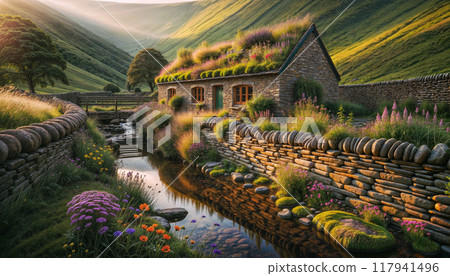 mountain stone house with a grass-covered roof beside a stream mountain stone house with a grass-covered roof beside a stream 117941496