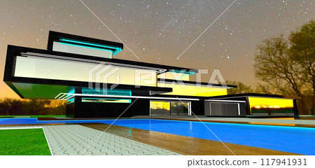 A project for a luxury countryside estate tailored for affluent, sophisticated clients. The pool and exterior lighting look stunning at night. 3D rendering. A project for a luxury countryside estate tailored for affluent, sophisticated clients. The pool and exterior lighting look stunning at night. 3D rendering. 117941931