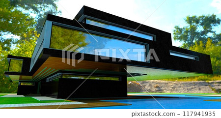 Advanced cottage clad in black marble near the pool in a shaded summer park. 3D rendering. 117941935