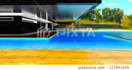 Canopy over the entrance to a private hotel. Wooden decking by the pool. Shaded, serene setting. 3D rendering. 117941939
