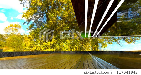 Dense vegetation is reflected in the panoramic mirror window overlooking the wooden terrace. 3D rendering..jpg 117941942