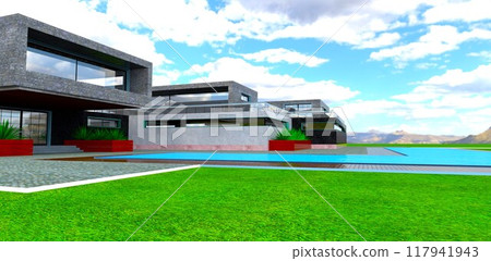 Distant mountain ranges behind a countryside private cottage with a large pool on a grassy green landscape. 3D rendering. 117941943