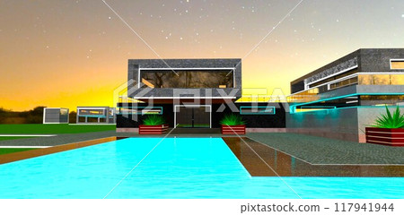 Elite townhouse in a cottage community with a pool featuring night lighting. A balcony with a large window above the entrance. 3D rendering. Elite townhouse in a cottage community with a pool featuring night lighting. A balcony with a large window above the entrance. 3D rendering. 117941944
