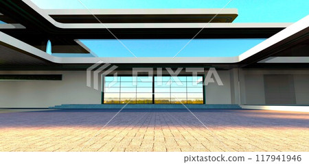 Exclusive entrance design of an advanced villa. The reflection of the surrounding environment in the glass facade creates an impression of spaciousness and lightness. 3d rendering. 117941946