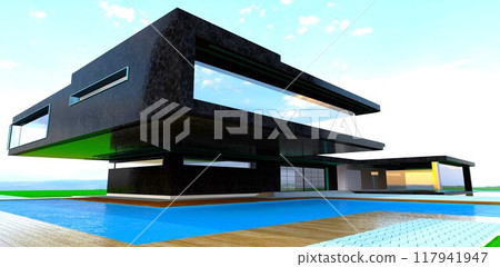 Exterior design of a modern countryside property featuring black marble cladding. It appears solid and luxurious. 3D rendering. 117941947