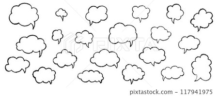 Oval and round chalk, crayon hand drawing speech bubble set. Vector stock grunge texture illustration isolated on white background for design template business presentation, school education. EPS 10 117941975