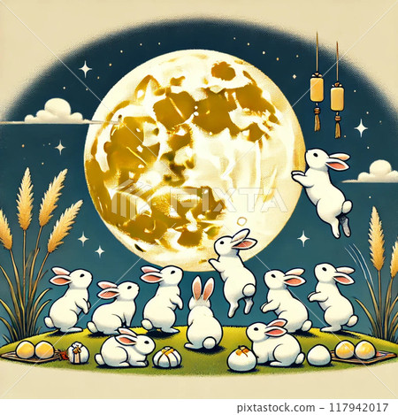 Illustration of a rabbit watching the moon (AI-generated image) 117942017