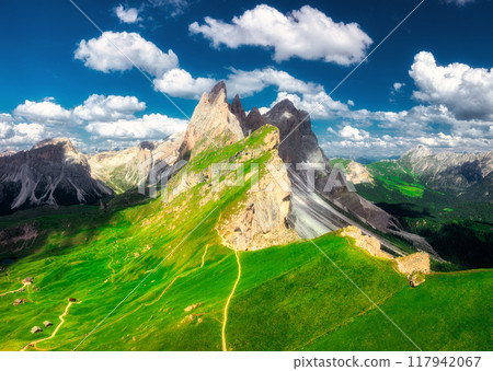 Aerial view of Seceda mountain in summer in Dolomites, Italy Aerial view of Seceda mountain in summer in Dolomites, Italy 117942067