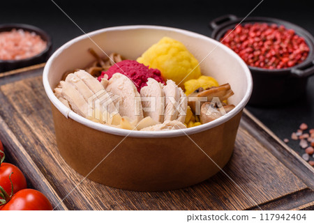 Asian dish with sliced chicken fillet, buckwheat noodles, soy sauce 117942404