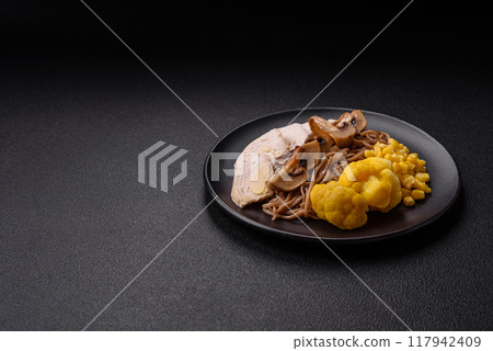 Asian dish with sliced chicken fillet, buckwheat noodles, soy sauce Asian dish with sliced chicken fillet, buckwheat noodles, soy sauce 117942409