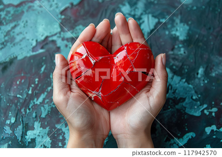Broken cracked red heart shape in girl hands on a grunge wall background. Loneliness and loss of love concept. Generative AI 117942570